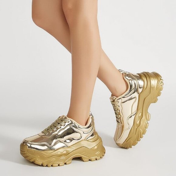 Women Gold Hologram Casual Tennis Lace Up Chunky Sneakers Shoes - Picture 5 of 7